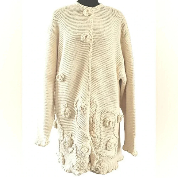 Vintage Boho M/L Cottagecore Grandmacore Hand Knit Cotton Longline Cardigan - Picture 3 of 8